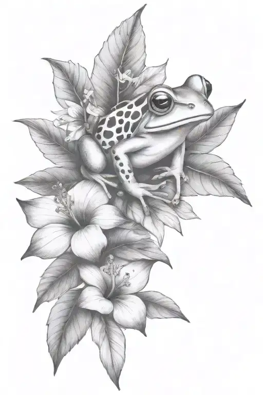 Small Frog And Tropical Leaves And Hibiscus