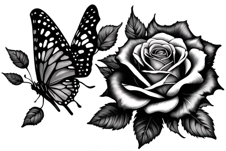 A Butterfly And A Rose Tattoo With No Leaves Falling