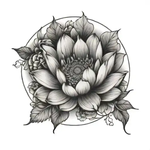 Circle With Branch Inside With Flowers Blooming Lotus Flower