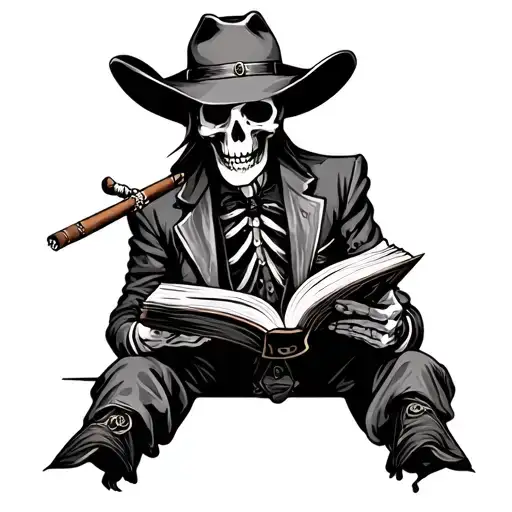 Skeleton Cowboy Reading A Book With A Cigar