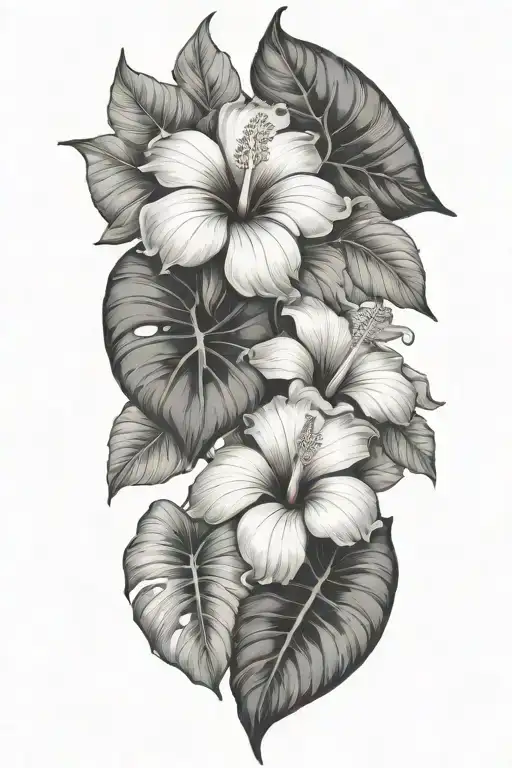 Tropical Leaves With Hibiscus Flowers