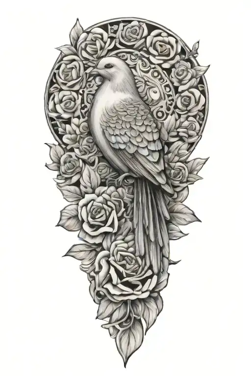 Seated Zentangle Dove With Wings Closed Perched Atop Roses