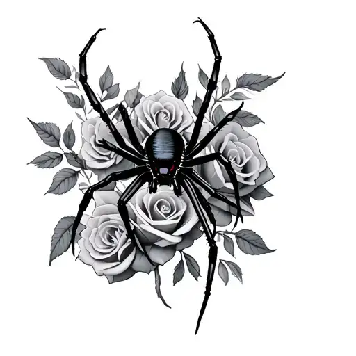 Black Widow Spider On Top Of Roses Surrounded