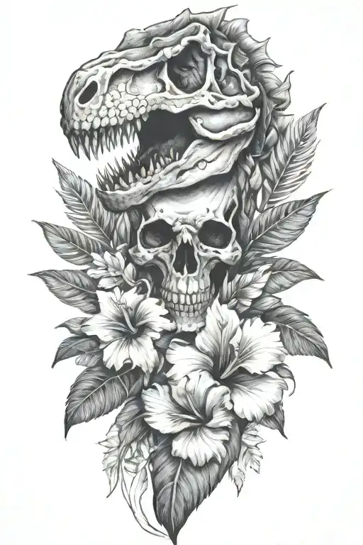 Tropical Leaves With Hibiscus An T Rex Skull