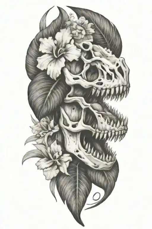 Tropical Leaves With Flowers An T Rex Skull