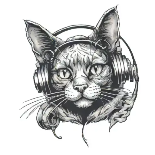 Goofy Black Cat Wearing Headphones