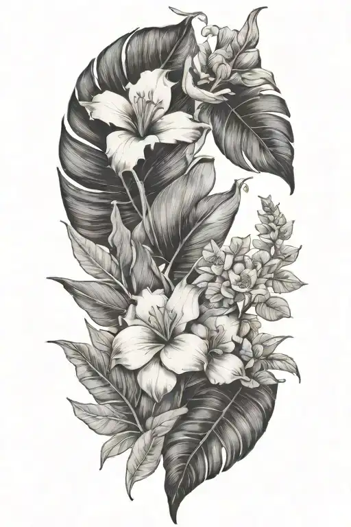 Tropical Leaves With Flowers Whith Dinosaur Fossil