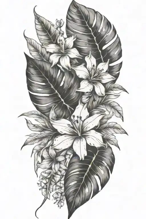 Tropical Leaves With Flowers Whith Fossil Embedded