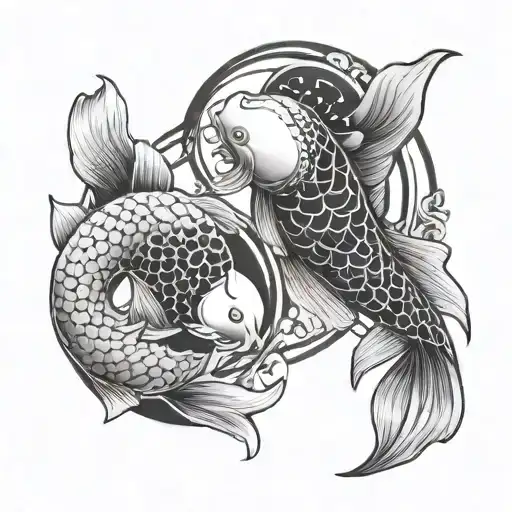 Black And White Koi Fish Yin Yang With Four Elements