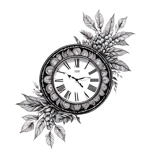 Round Clock With Pattern Incorporating Elements Of Plants