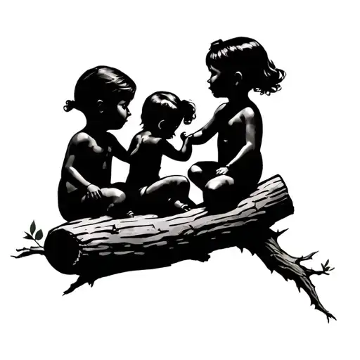 6 Year Old Girl 4 Year Old Boy 2 Year Old Girl And New Born Baby Sitting On A Tree Log