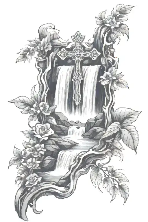 Cross With Waterfall