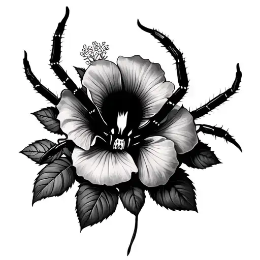 Black Widow Spider On Stop Of Roses Mayflowers Hibiscus