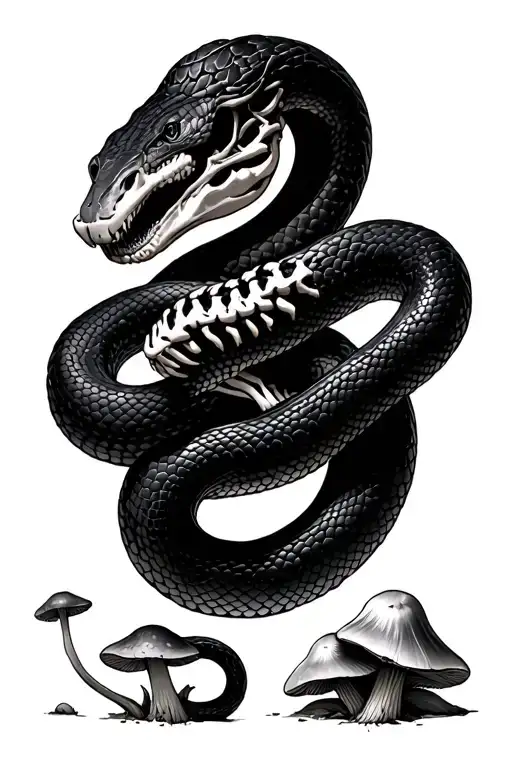 Black Snake Wrapped With Another Snake Skeleton Surrounded By Mushrooms
