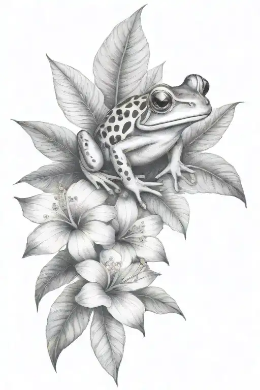 Small Frog And Tropical Leaves And Hibiscus