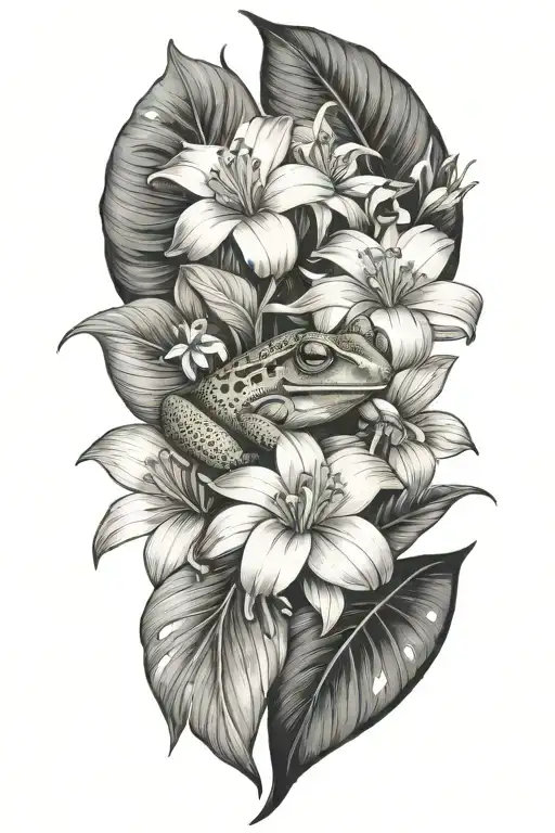 Tropical Leaves With Flowers An Frog