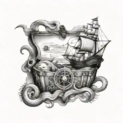 Kraken Treasure Chest Anchor Ship Lighthouse Compass Shark Map