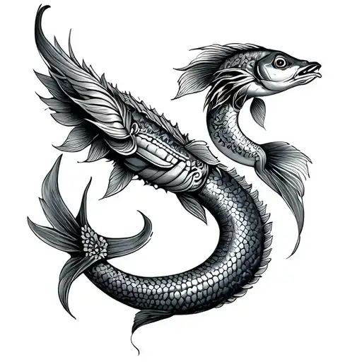 Quetzalcoatl Wrapping Around Forearm Additionally Incorporating Two Fishes To Presenting Pisces