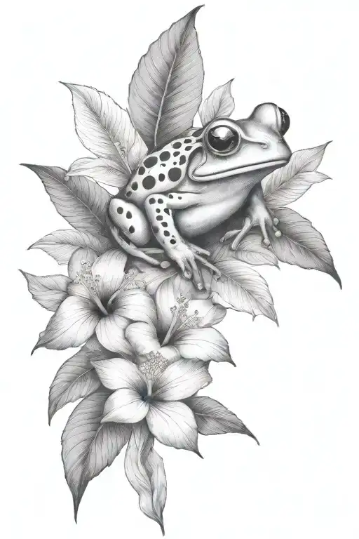 Small Frog And Tropical Leaves And Hibiscus