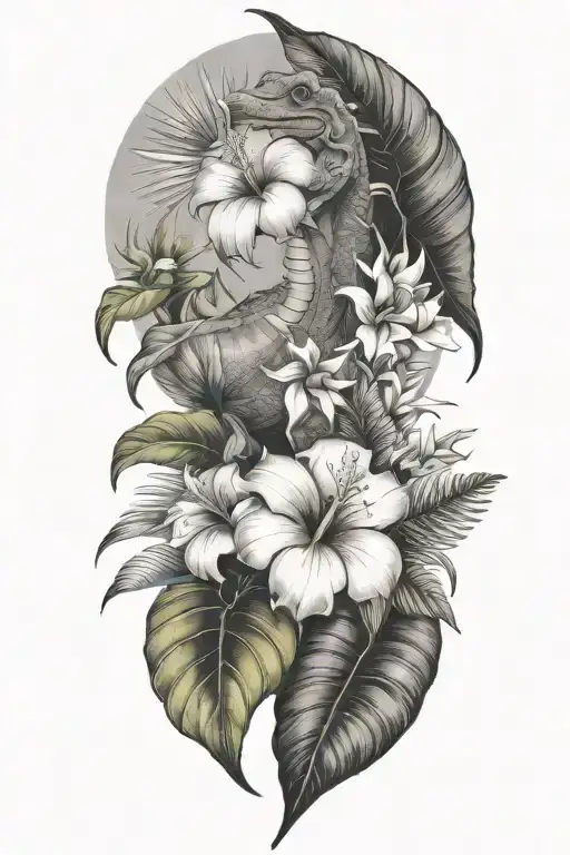 Tropical Leaves With Flowers Whith Dinosaur