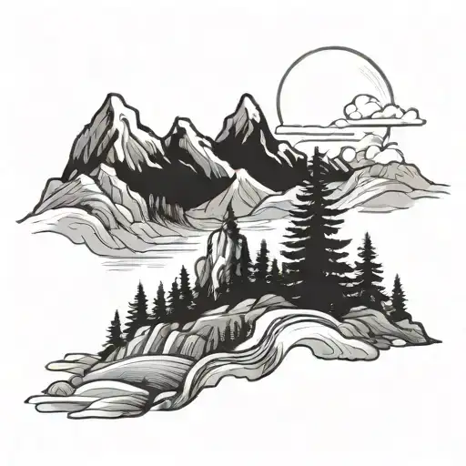 Mountain Scene Depicted Outlines