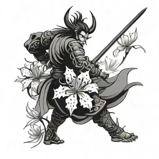 Red Spider Lily Behind Oni Samurai Warrior