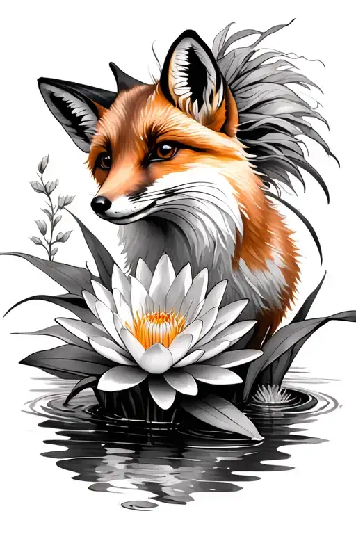 Iris And Water Lilly Flower And Fox Blended And Sketched