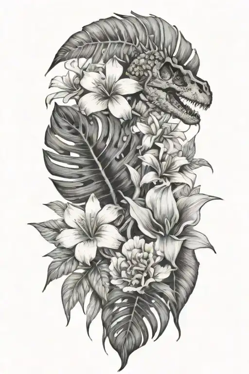 Tropical Leaves With Flowers Whith Dinosaur Fossil