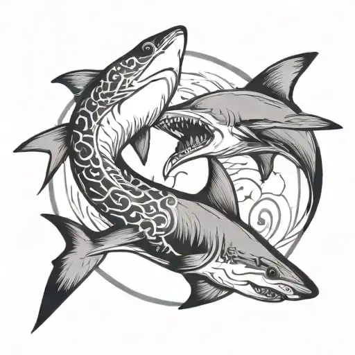 Two Sharks Around Ying Yang Symbol Surrounded