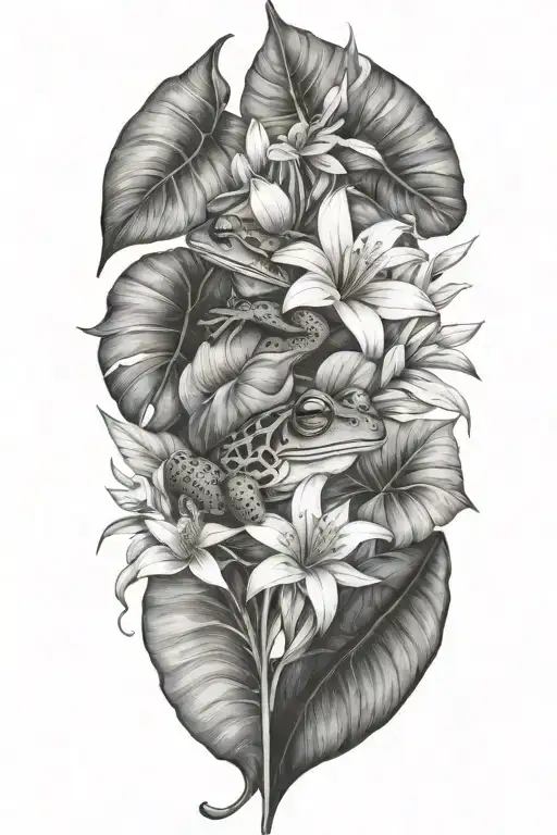 Tropical Leaves With Flowers An Frog