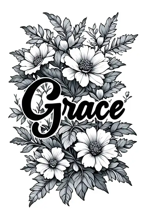 Line Drawing Of The Word Grace With Flowers Growing