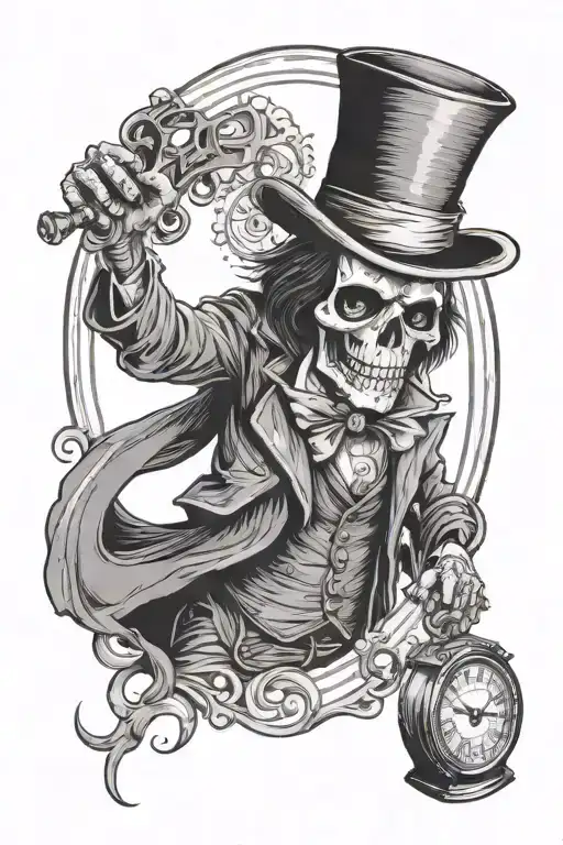 A Grim Reaper In A Willy Wonka Suit Holding A Time Piece In A Top Hat