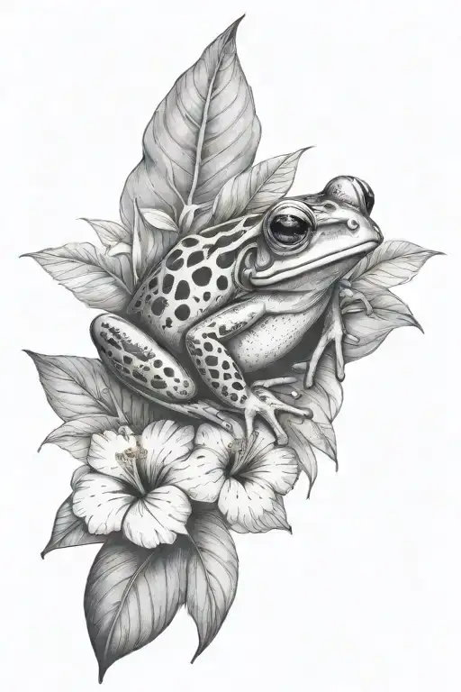 Small Frog And Tropical Leaves And Hibiscus