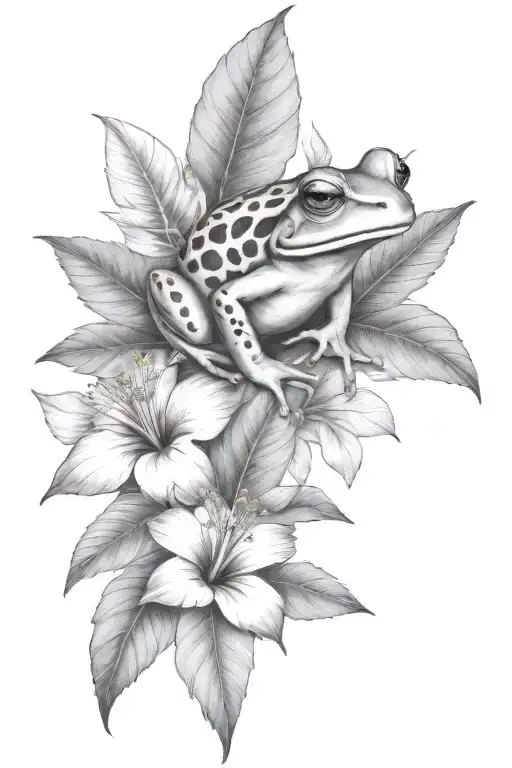 Frog And Tropical Leaves And Hibiscus