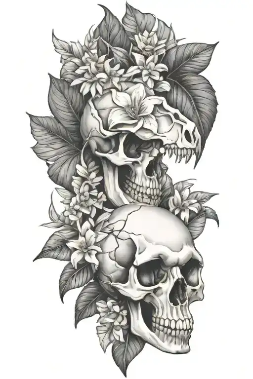 Tropical Leaves With Flowers And Dinosaur Skull