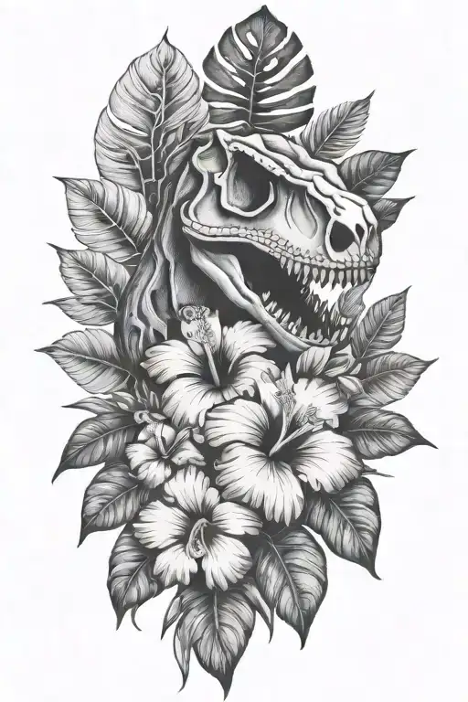 Tropical Leaves And Hibiscus With T Rex Skull