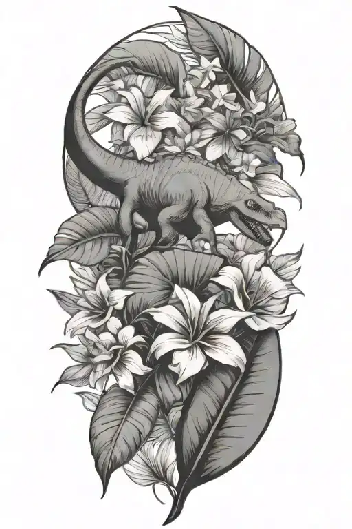 Tropical Leaves With Flowers Whith Dinosaur