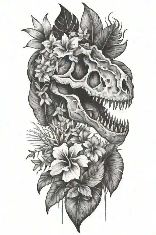 Tropical Leaves With Flowers An T Rex Skull