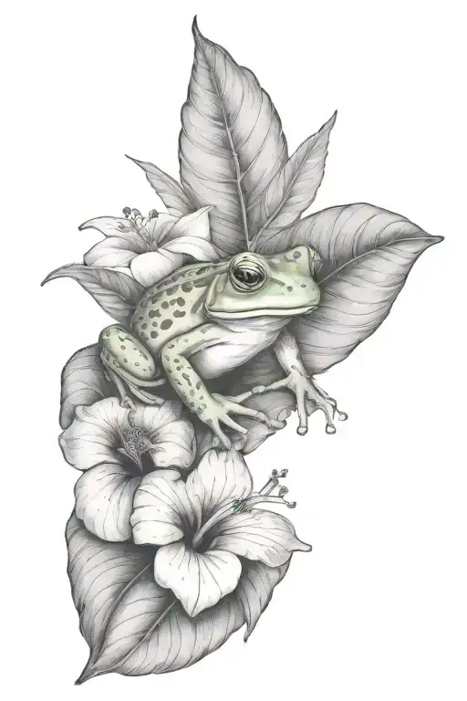 Small Frog And Tropical Leaves And Hibiscus