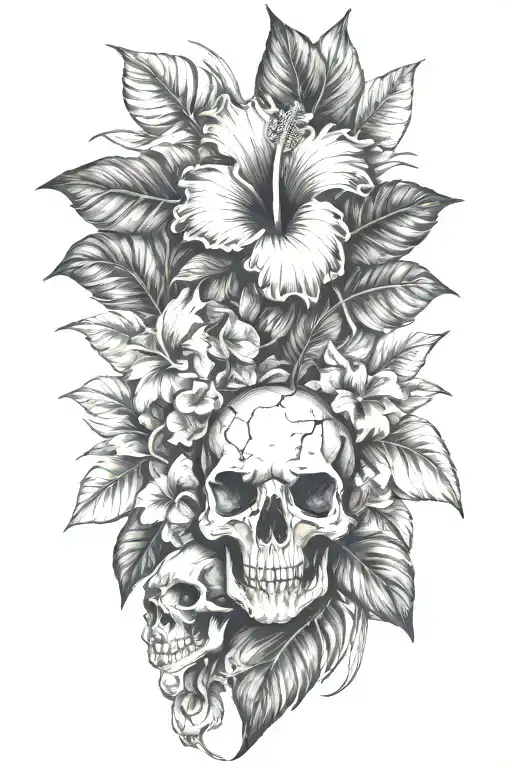 Tropical Leaves With Hibiscus An T Rex Skull