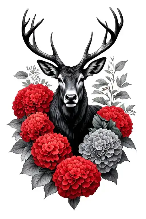 Red Hydrangeas Surrounding Black Stag