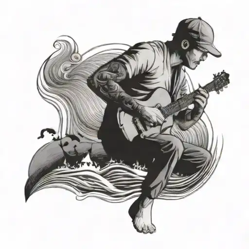 A Black-grey Tattoo Of A Son Playing Music On The Beach With A Campfire And Waves In The Background