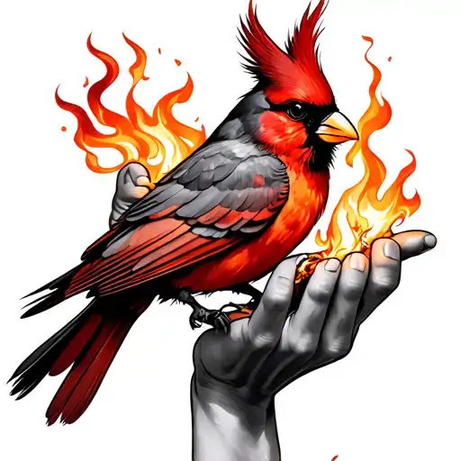 Hands With Tips Of Fingers On Fire Holding A Cardinal