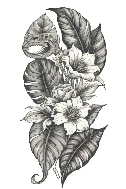 Tropical Leaves With Flowers Whith Dinosaur Fossil