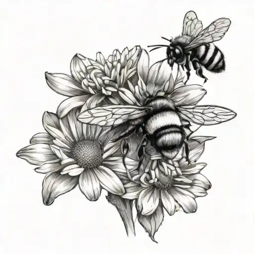 Daisy Flowers With A Bumblebee Flying Near