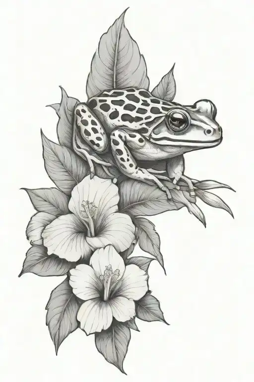 Small Frog And Tropical Leaves And Hibiscus