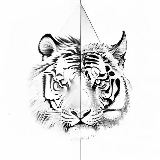 Spiritual Split Face Tiger And Lion