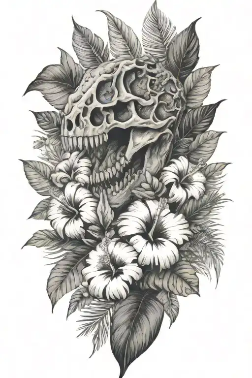 Tropical Leaves With Hibiscus An T Rex Skull