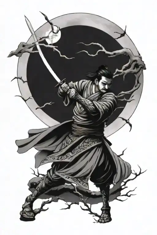 A Samurai Makes Hara-kiri In A Cemetery Under The Moon And Thorns