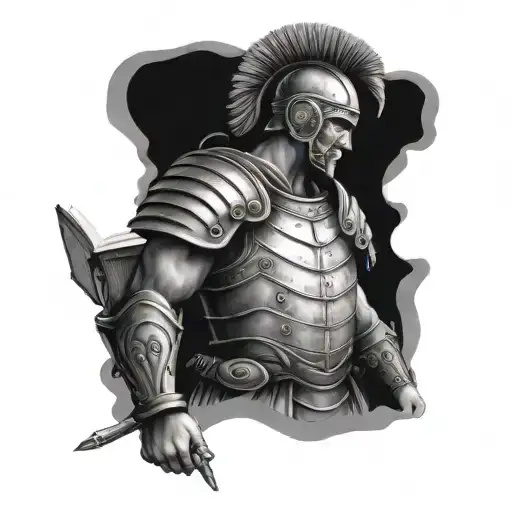 Design A Tattoo Of A Roman Soldier In Traditional Armor Reading A Book By Marcus Aurelius